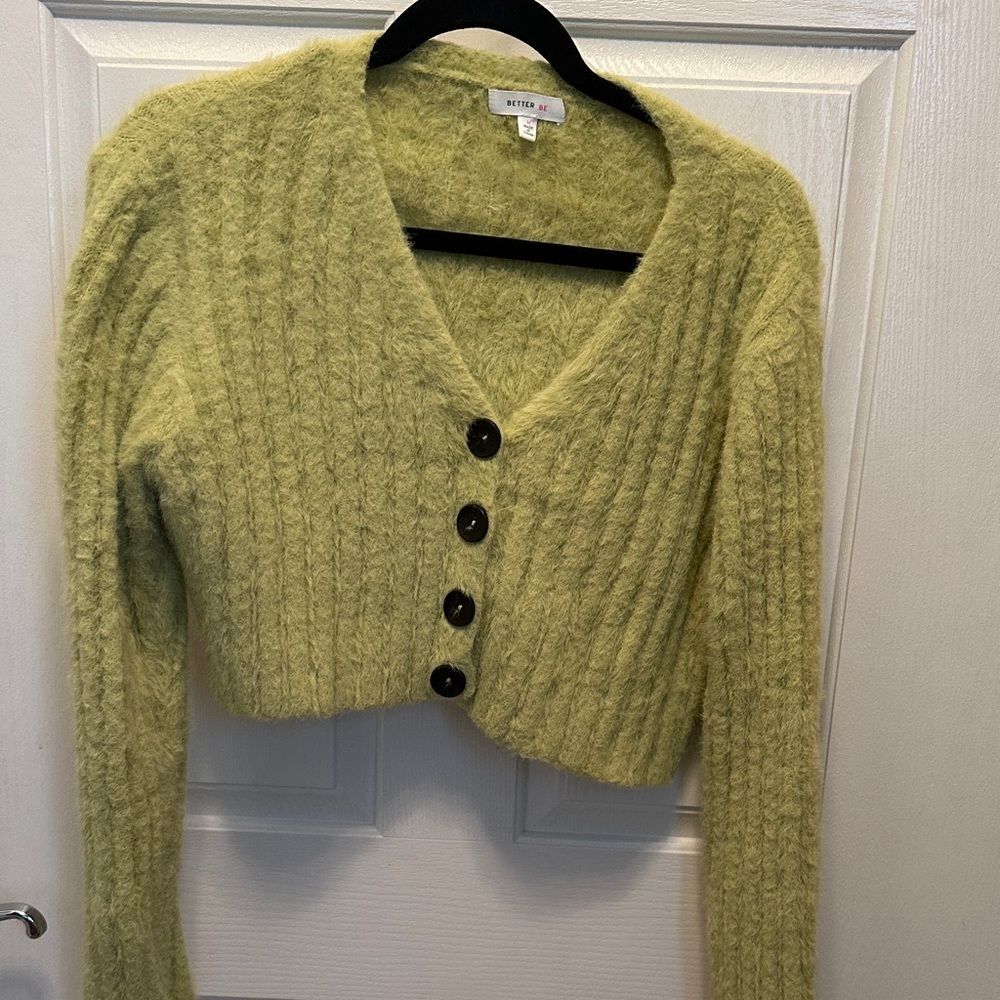 Better Be Light Green Fuzzy Cropped Cardigan Size M